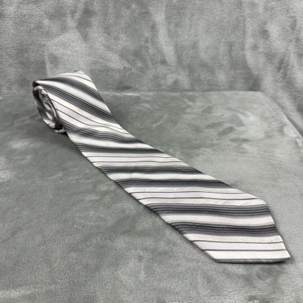 Express 100% Silk Neck Tie 3.25" x 62" White Gray Black Striped Pattern